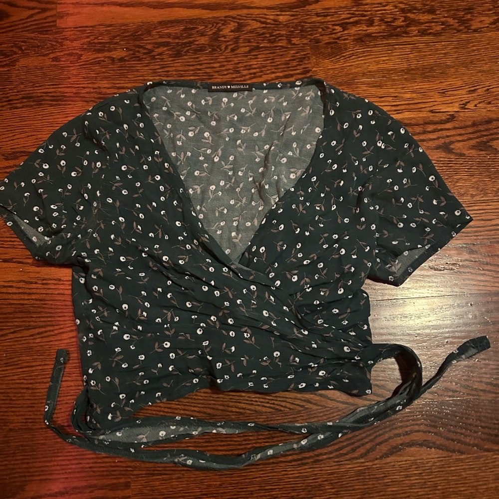 Brandy Melville green floral wrap around tie shirt